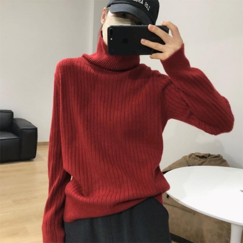 高领竖坑条慵懒风保暖针织打底衫