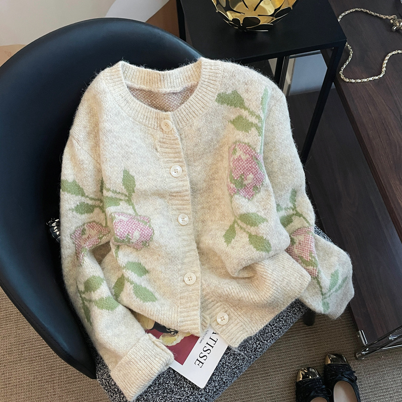 韩系提花郁金香秋冬长袖针织开衫