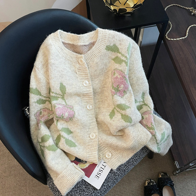 韩系提花郁金香秋冬长袖针织开衫