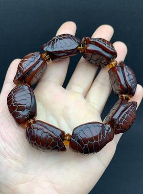 天然西藏红牦牛角雕刻富甲手串福寿如意手链男带血丝藏式文玩牛角