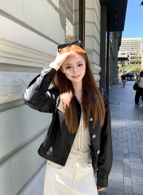 Ashy Snow 港岛日记 黑色肌理感正肩短款皮衣夹克外套哑光微皱感