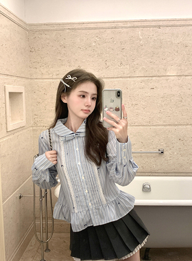 AshySnow miu系学院派早春减龄蓝色蝴蝶结条纹荷叶边条纹短款衬衫
