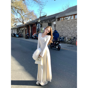 AshySnow清冷缪斯蕾丝拼接收腰长袖 针织内搭连衣裙花边纸片人坑条