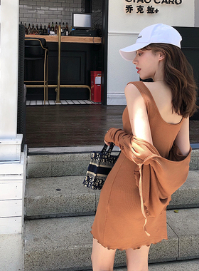 【6折】Ashy Snow时髦在线 茶棕色背心裙长袖开衫两件套装