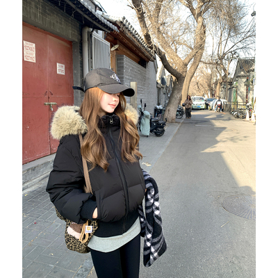 美式收腰短款毛领羽绒服新加色