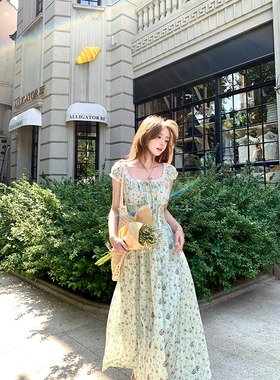 Ashy Snow 春野花序 绿色碎花法式收腰上衣/连衣裙打揽大u领蕾丝