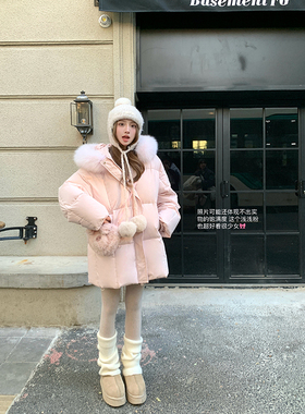 Ashy Snow 冬日雪芙 大毛领中长款面包羽绒服女新款90白鸭绒外套