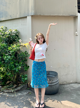 Ashy Snow 泰兰德少女 蓝色碎花雪纺直筒半身裙中裙春夏油画鱼尾