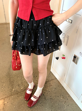 Ashy Snow【清仓折扣】布朗尼女孩~黑色碎花蛋糕裙短款半身裙