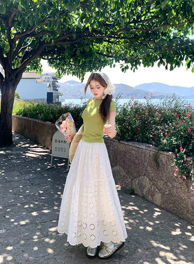 Ashy Snow 纯白茉莉 白色镂空刺绣蕾丝半身裙长裙