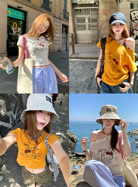 Ashy Snow 自拍Kitty~原创印花宽松斜肩/圆领正肩T恤棉慵懒纹理