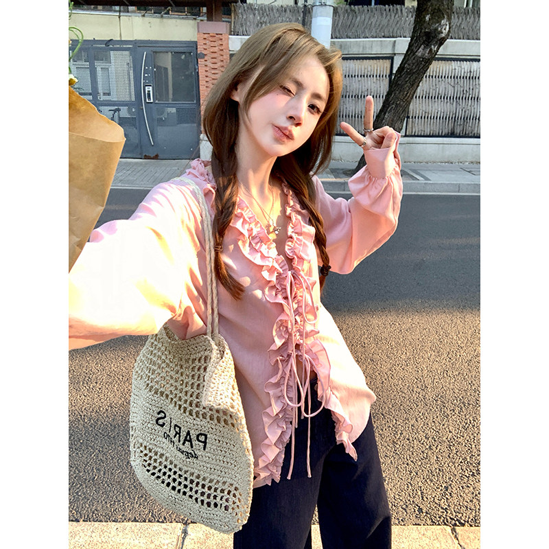 Ashy Snow 甜心粉布蕾 木耳边系带法式宽松长袖衬衫褶皱层次防晒,女装/女士精品,衬衫,淘宝优惠券,粉丝福利购,淘宝优惠卷