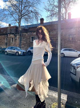 Ashy Snow 松弛吉普赛 杏色不规则蕾丝拼接设计半身裙拉链小众