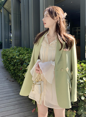 Ashy Snow 春天yi定要有的绿~双排扣设计感宽松百搭2色西装外套女
