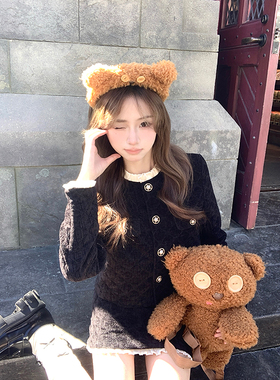 Ashy Snow 古董千金 黑色菱格拼接小香上衣半身裙女2024新款套装