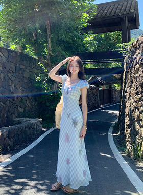 Ashy Snow 薄荷冰茶 印花格纹法式斜裁短袖收腰连衣裙低饱和蕾丝