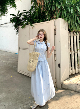 Ashy Snow 航海日记 蓝色条纹娃娃领衬衫半身裙套装文艺春夏法式