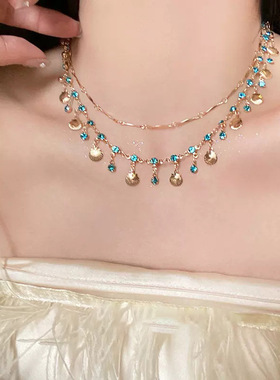 【千亿少女】海的女儿蓝色锆石金色贝壳项链百搭手链小众设计轻奢