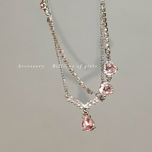 水晶镶钻爱心水滴双层项链复古