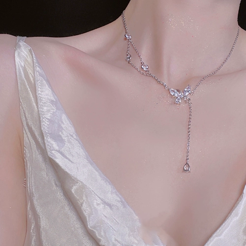 Ретро цирконий, подвеска, модная цепочка до ключиц, французский ретро стиль