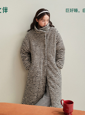 安之伴【巨保暖】三层加厚夹棉睡衣女款冬季睡袍珊瑚绒条纹家居服