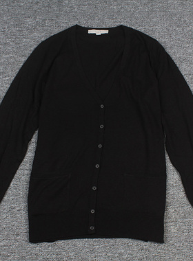 春秋出口单LFT大码女装羊毛混纺V领长袖百搭黑色针织开衫