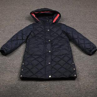 版衫汤家女童中大童绗缝菱形格厚实保暖好质感连帽中长款棉服外套