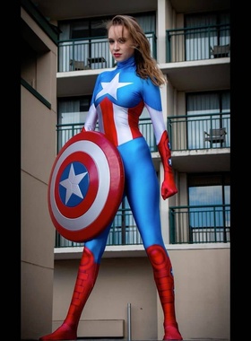 成人女版美国队长Cosplay连体紧身衣 超级英雄万圣节 Zentai套装