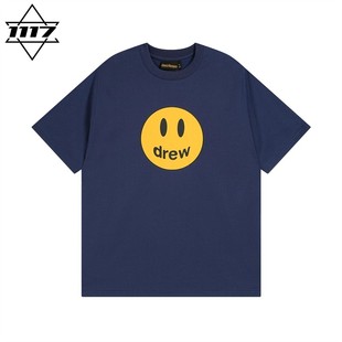 正品drew短袖海军蓝笑脸比伯t恤男女情侣潮牌纯棉圆领半袖上衣夏