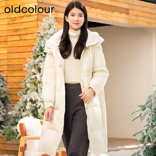 oldcolour冬季新款白色简约连帽鸭绒长款羽绒服外套女BQ440911A1