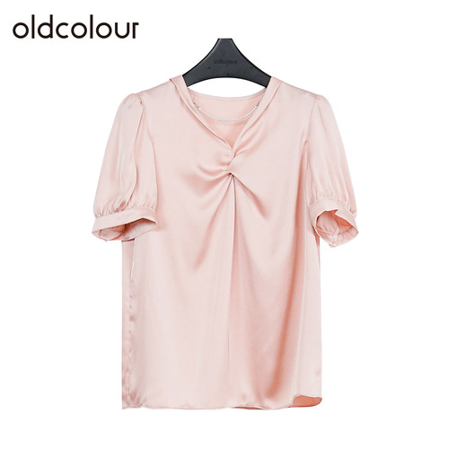 oldcolour欧珂夏季简约百搭休闲通勤纯色V领短袖套头衫女Q230112A