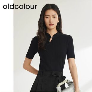 oldcolour秋季新款简约高级感新中式百搭修身套头T恤女BR310515A1