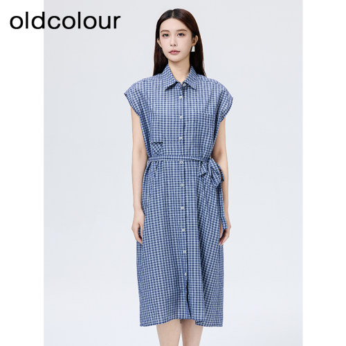 oldcolour欧珂夏季休闲通勤简约收腰格纹短袖连衣裙女S281026A1