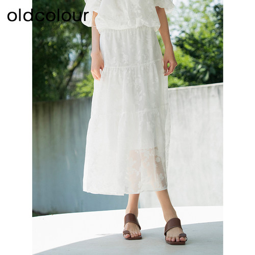 oldcolour夏款白色气质设计感小众高腰印花半身长裙女