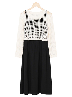 oldcolour秋季镂空长袖时尚罩衫吊带两件套连衣裙女P381008A1-699