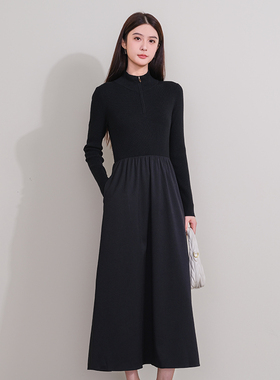 oldcolour冬季黑色拼接修身高腰A字长款针织连衣裙P421001A1-1399