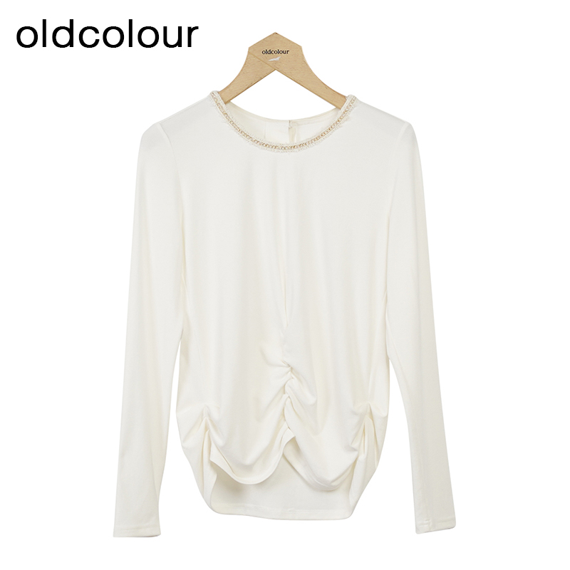 oldcolour圆领长袖T恤冬季新款纯色设计感薄款上衣女O43023309
