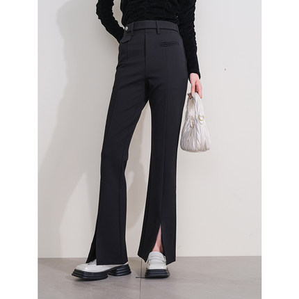 oldcolour欧珂冬季新款时尚开叉高腰松紧腰长裤女P430710A1-759