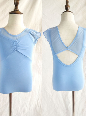 儿童舞蹈服装女童吊带拼纱连体服假两件短袖形体服练功服天蓝色夏