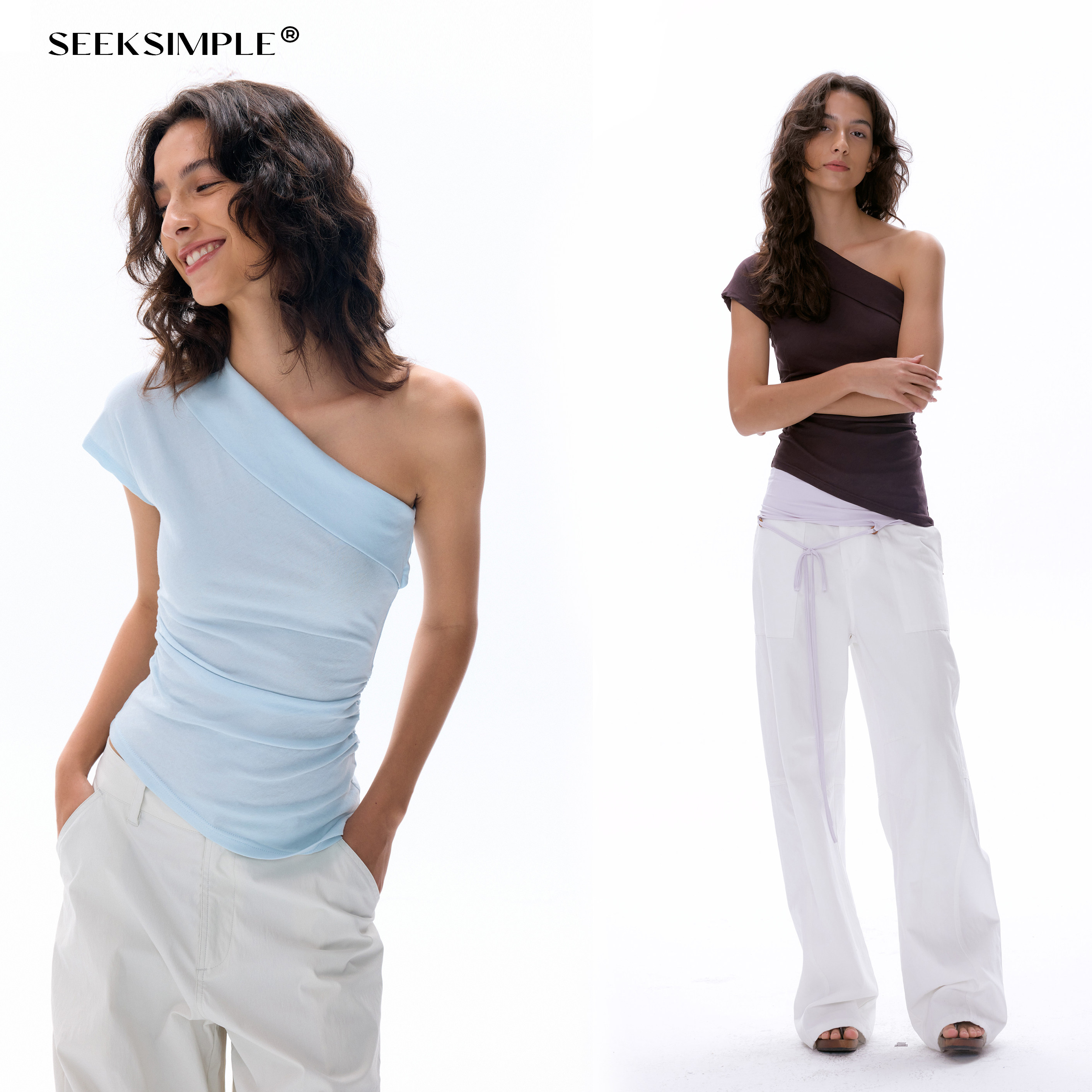 SEEKSIMPLE 全棉斜纹面料|几何美学平衡|斜单肩露肩抽褶上衣