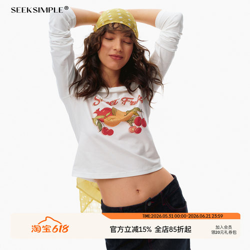 SEEKSIMPLE 高密棉纺|水果印花|复古正肩长袖短款t恤上衣D0446