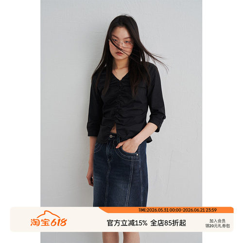 V领褶皱门襟八分袖收腰衬衫