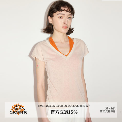 SEEKSIMPLE 亚麻混纺抗皱透气V领连肩小飞袖宽松显瘦短袖t恤上衣