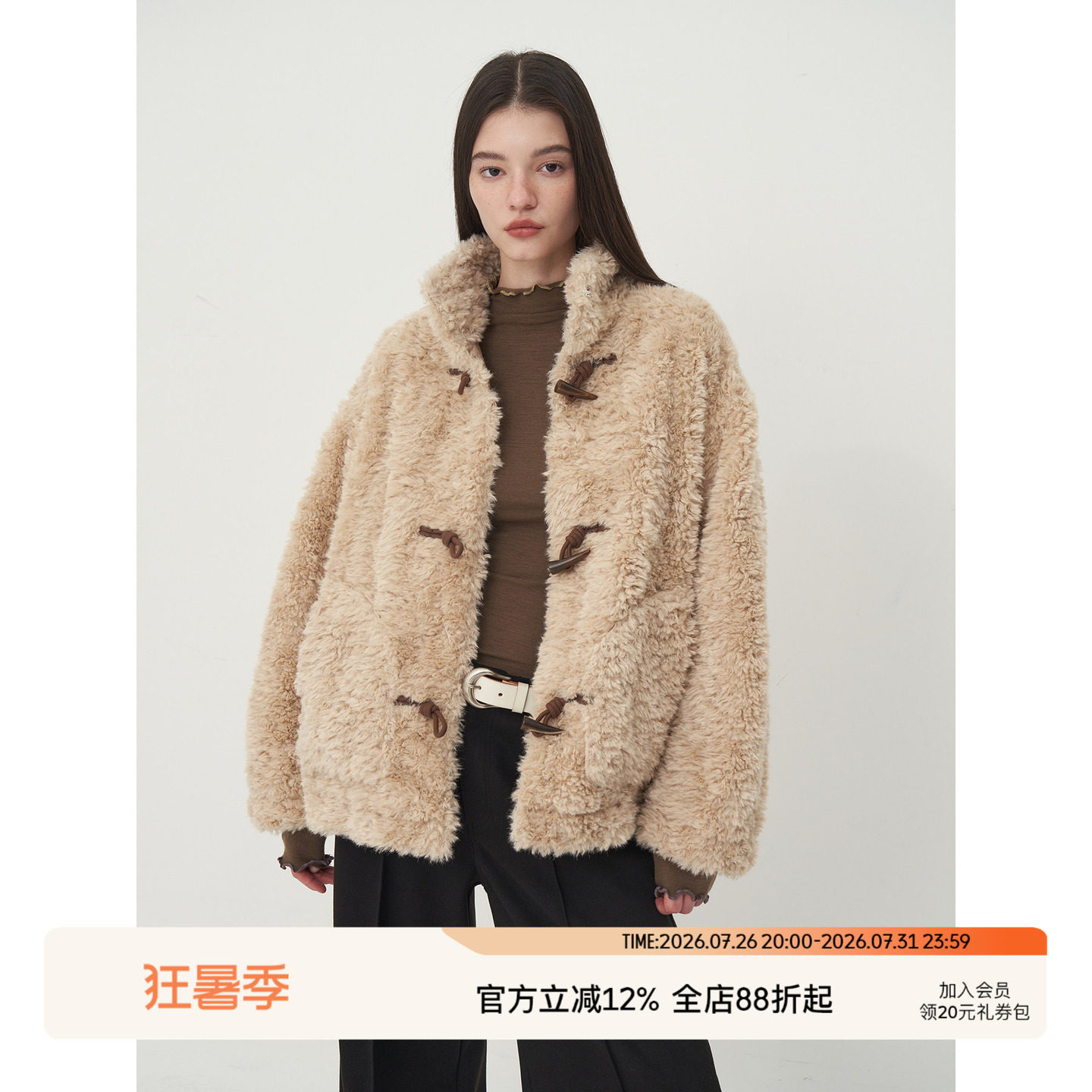 SEEKSIMPLE 牛角扣羊羔毛外套女冬宽松短款加厚保暖毛茸茸上衣