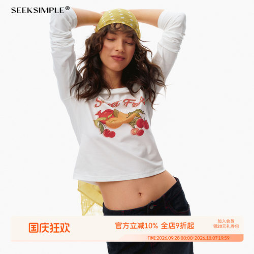 SEEKSIMPLE 高密棉纺|水果印花|复古正肩长袖短款t恤上衣D0446