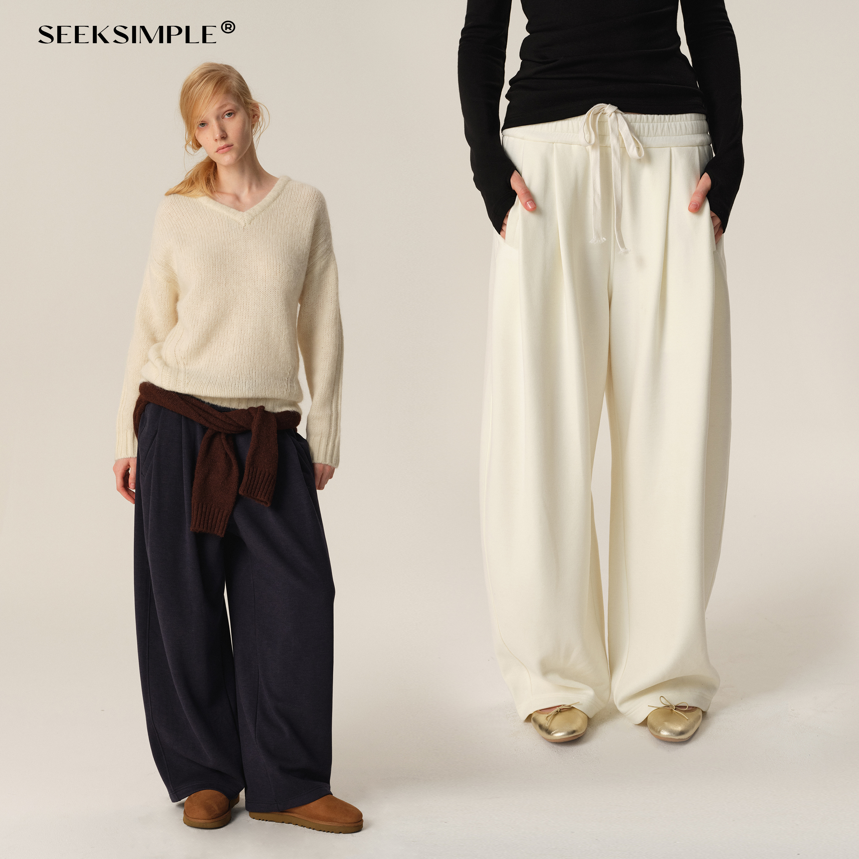 SEEKSIMPLE 茧型加绒抽绳宽松显瘦卫裤冬季百搭垂感羊毛休闲长裤