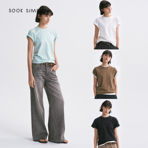 SEEKSIMPLE 亚麻棉混纺 干爽透气卷折袖T恤宽松短袖上衣D0469