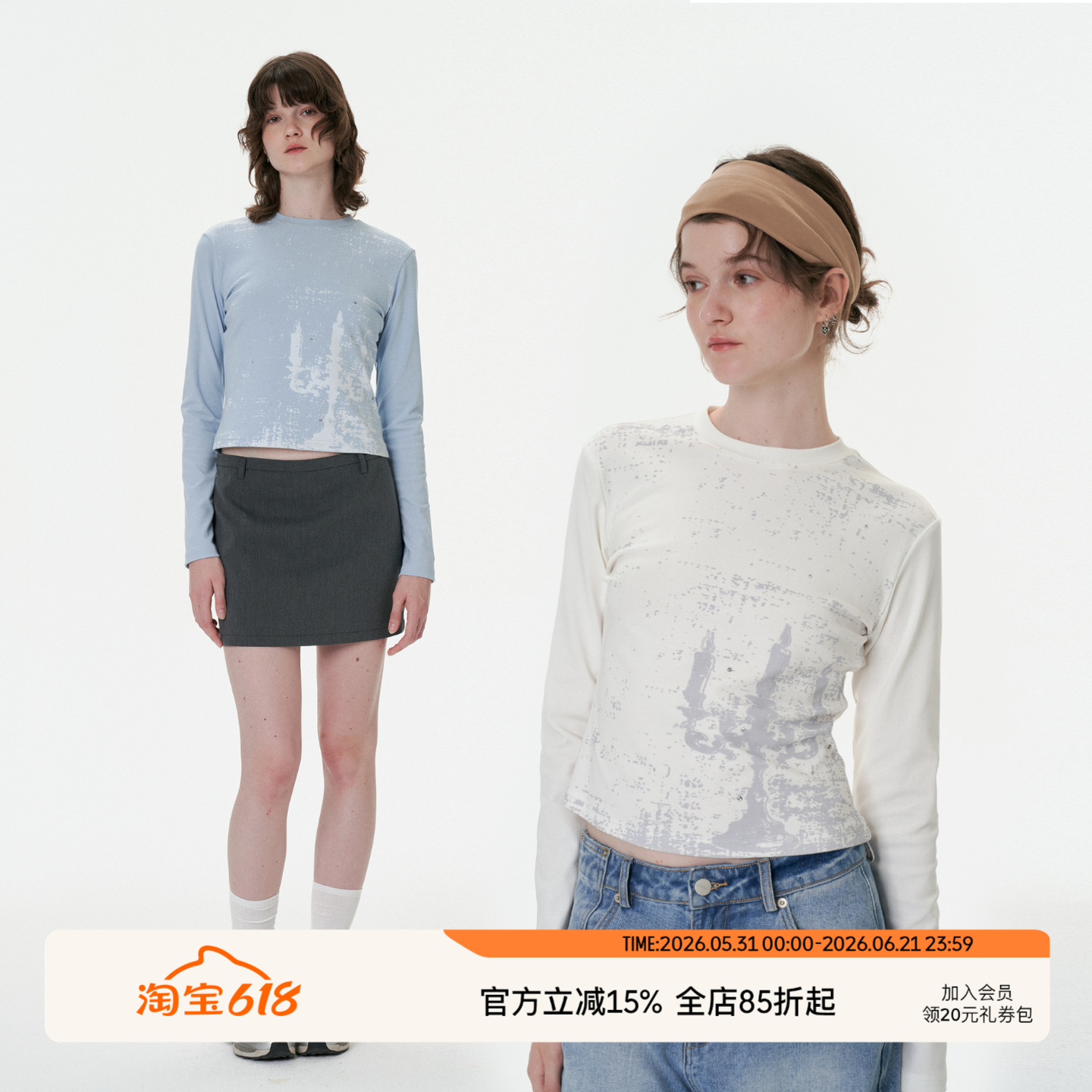 SEEKSIMPLE 烛台印花烫钻长袖T恤短款独特设计感小上衣女春秋