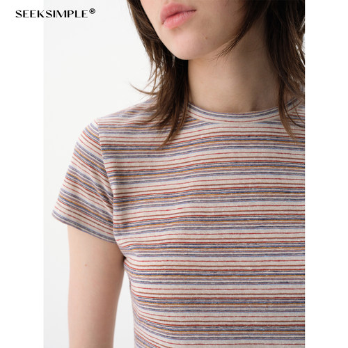 SEEKSIMPLE 汉麻天丝色织条纹 透气正肩短袖T恤D0460