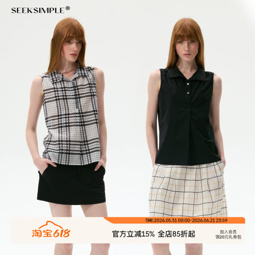 SEEKSIMPLE 80支长绒棉|格纹/黑色可选|小翻领无袖衬衫背心上衣